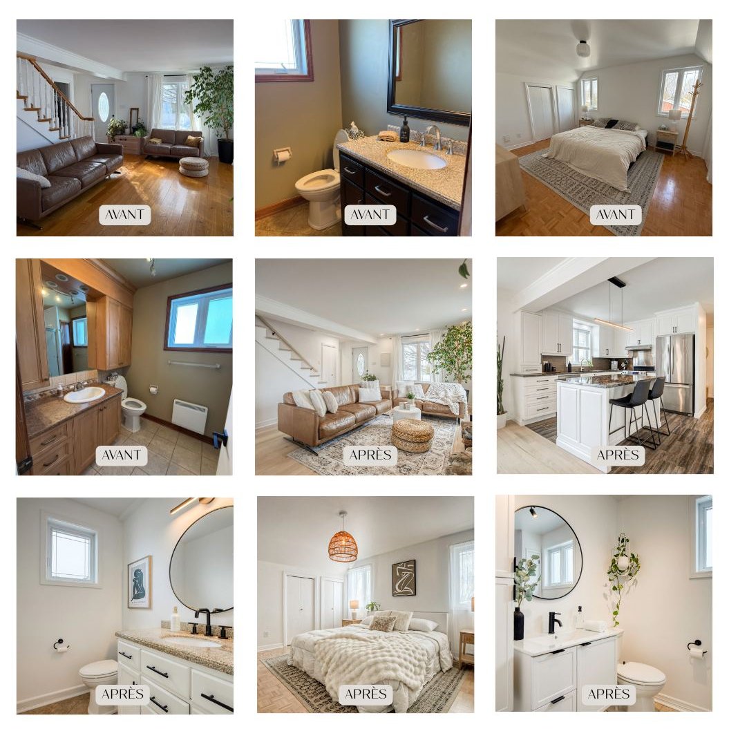 Photos avant-après de la propriété de Valérie : salon, salle de bain, chambre, cuisine.